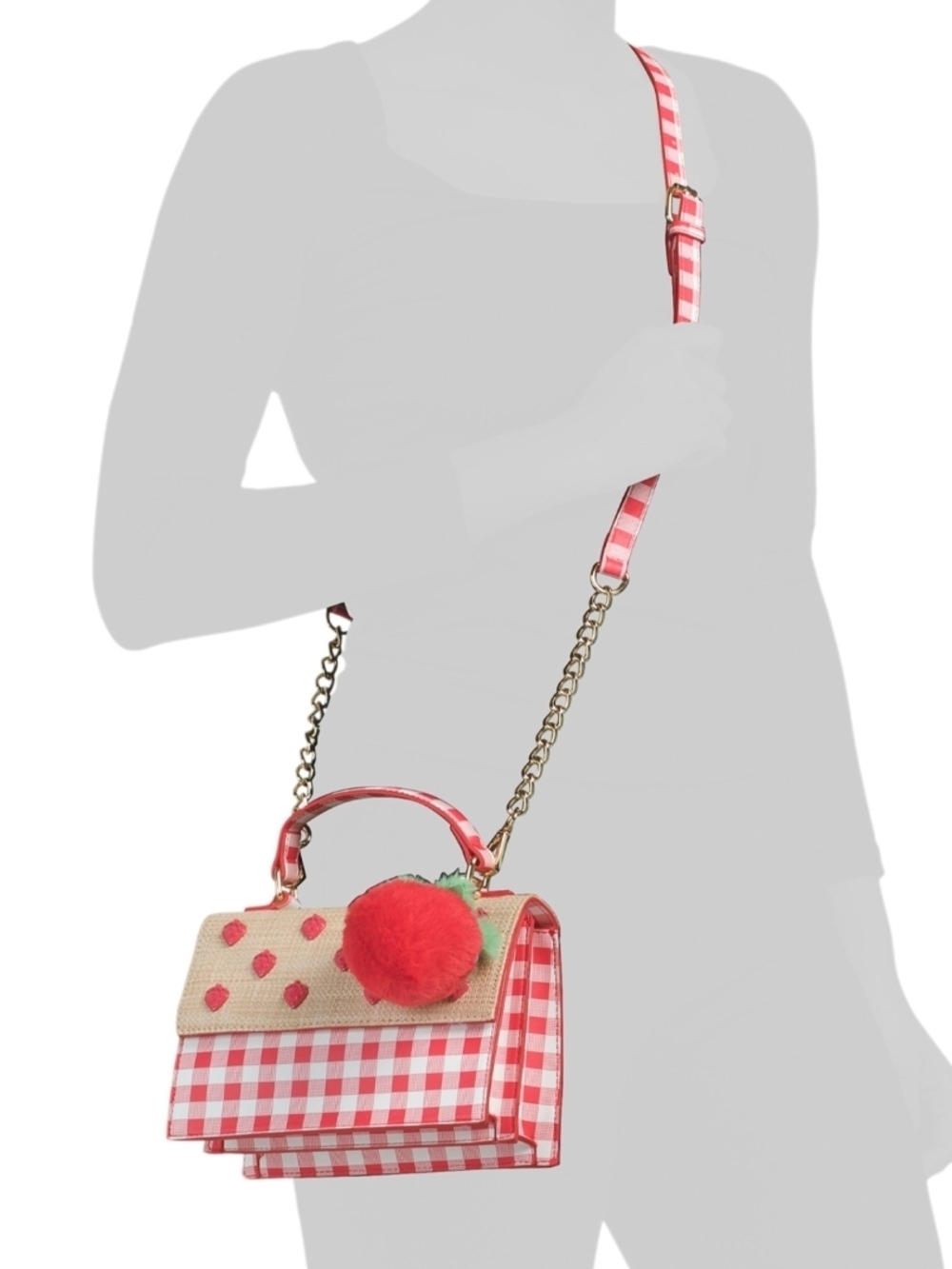 👉✨️ Betsey Johnson Red Strawberry Plaid Top-Handle Women’s Bag with Pom Charm - Picture 2 of 4